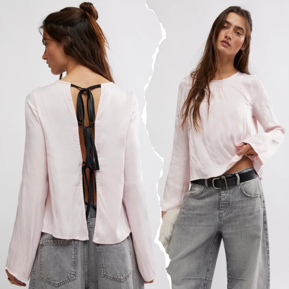 Free People Arabella Satin Tie Back Top, Pink, XL